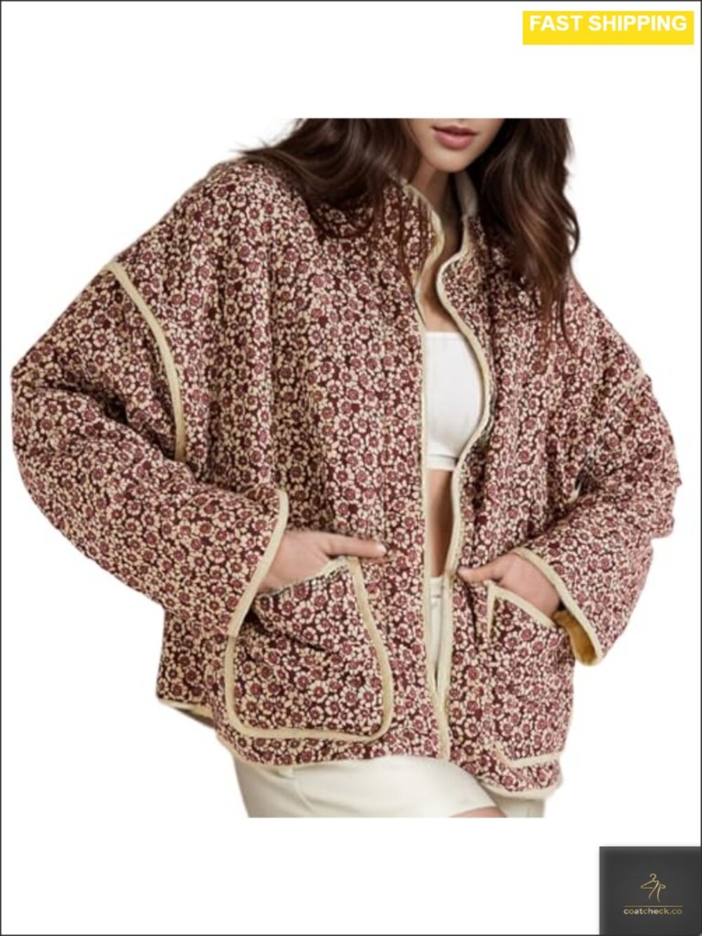 Cropped Quilted Puffer Jacket Vintage Floral Open Front Lightweight